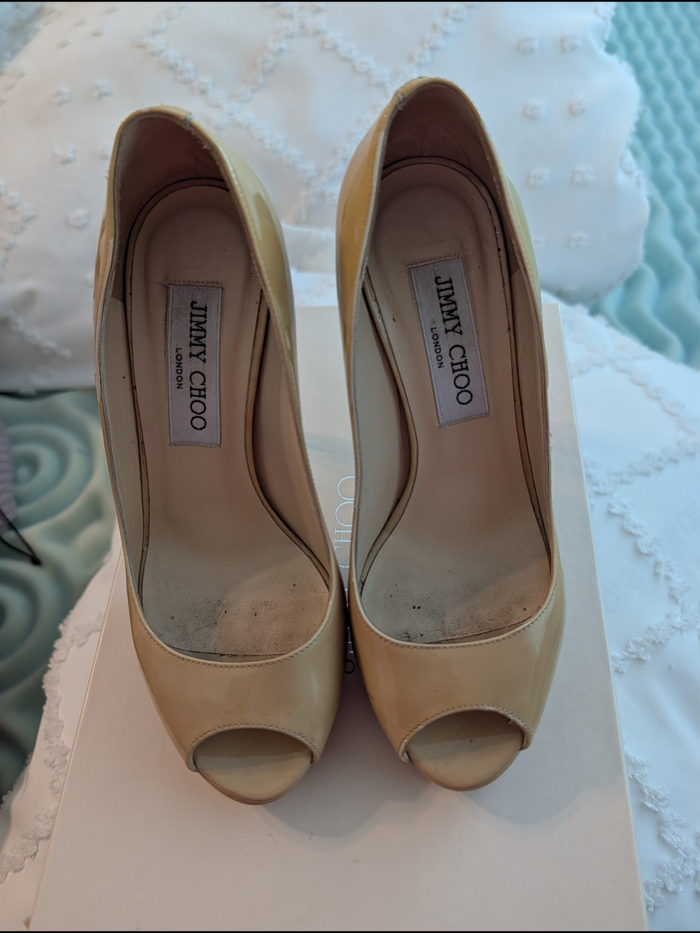 Jimmy Choo Beige Patent Leather Peep-Toe Heels